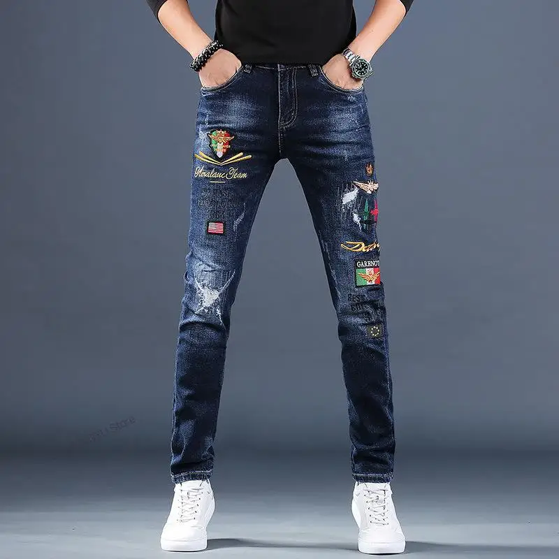 2022 Men's Embroidered Jeans Men's Pencil Pants Brand Slim Casual Small Feet Ripped Hole Trend Pants Autumn Winter Trousers