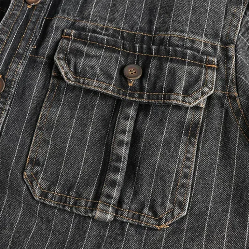 Heavy British retro black gray striped denim shirt men autumn end single cargo pocket shirt coat denim shirt