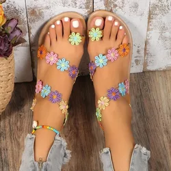 2024 summer new Roman sandals Bohemian style set toe flower flat wear-resistant women's shoes casual large size sandals 36-43
