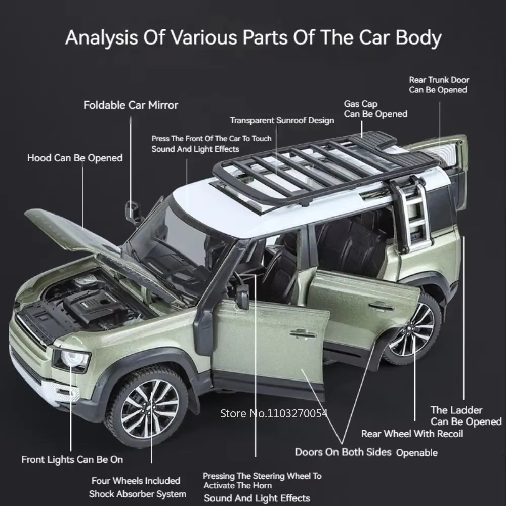 1:24 Land Rover Defender Diecast Toy Car with Sound and Light Features - Kids Christmas Gift