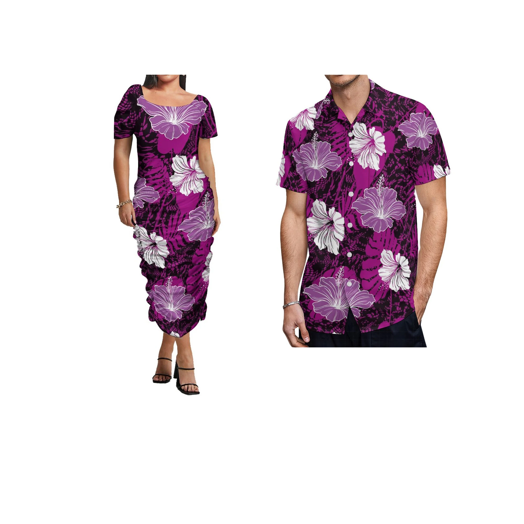 

Purple Customized On Demand Polynesian Traditional Dresses Puletasi Wrinkle Dress Collocation Plumeria Men Shirt Sets Of Couples