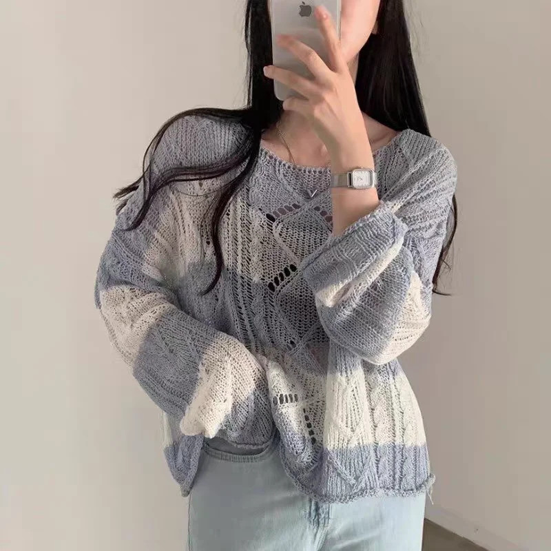 Spring and Summer New Knitted Hollow Women's Sweater Fashion Striped Loose Casual Pullover Shirt