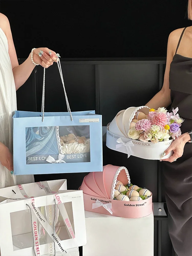 33.5x17.5x21cm Pink Cradle Flower Box Originality Colour Cardboard DIY Portable Flower Egg Basket Fruits Packing Gift Box