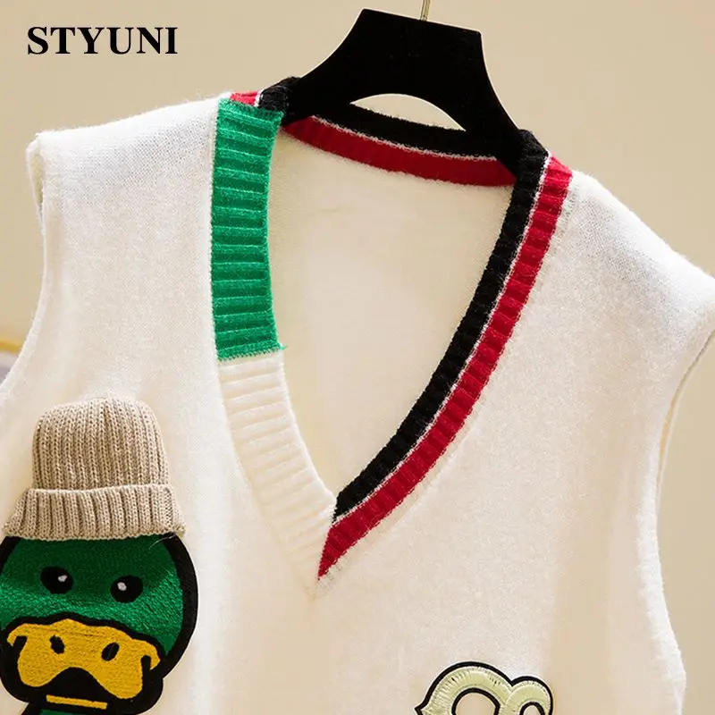 Cartoon Duck Embroidery Vintage Single-breasted V-Neck Knitted Women's Sweater Vest Korean Fashion Sleeveless Female Jumpers 4