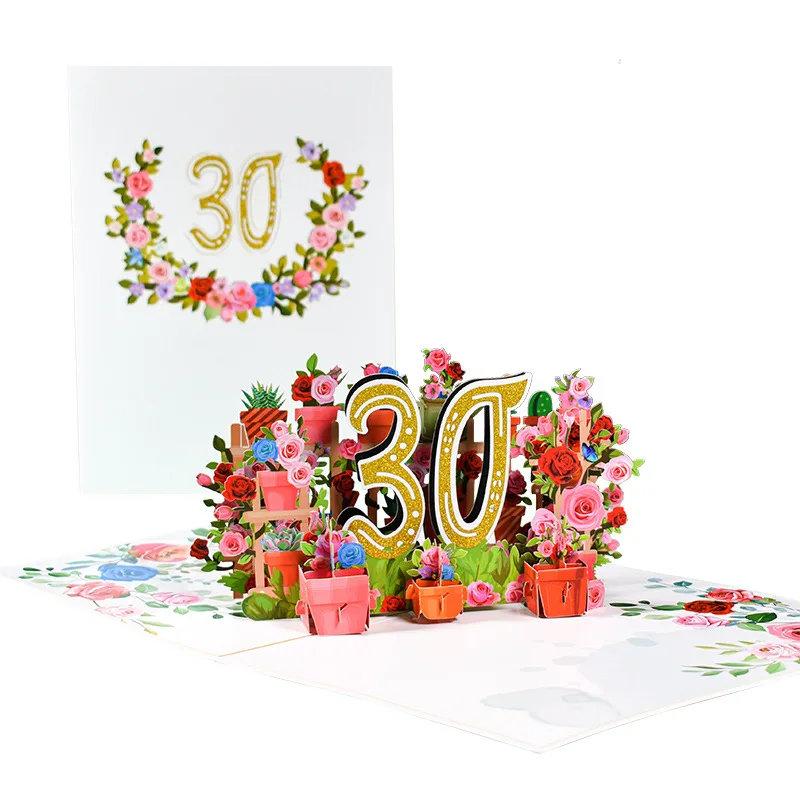 Pink Flower Pop Up Anniversary Card 1st 18 30 40 50 60 Number Figure 3D Greeting Cards for 30th 18th 1st Birthday Wedding