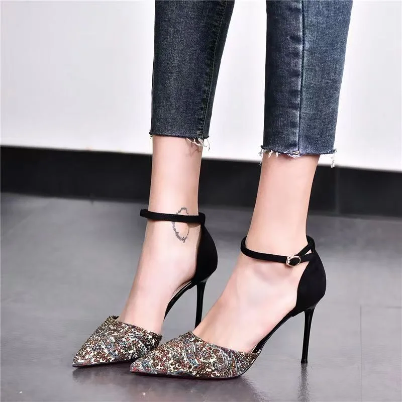 sexy thin high heels summer women's pump fashion ankle buckle pumps casual pointed toe shallow shoes rhinestone lady party shoes