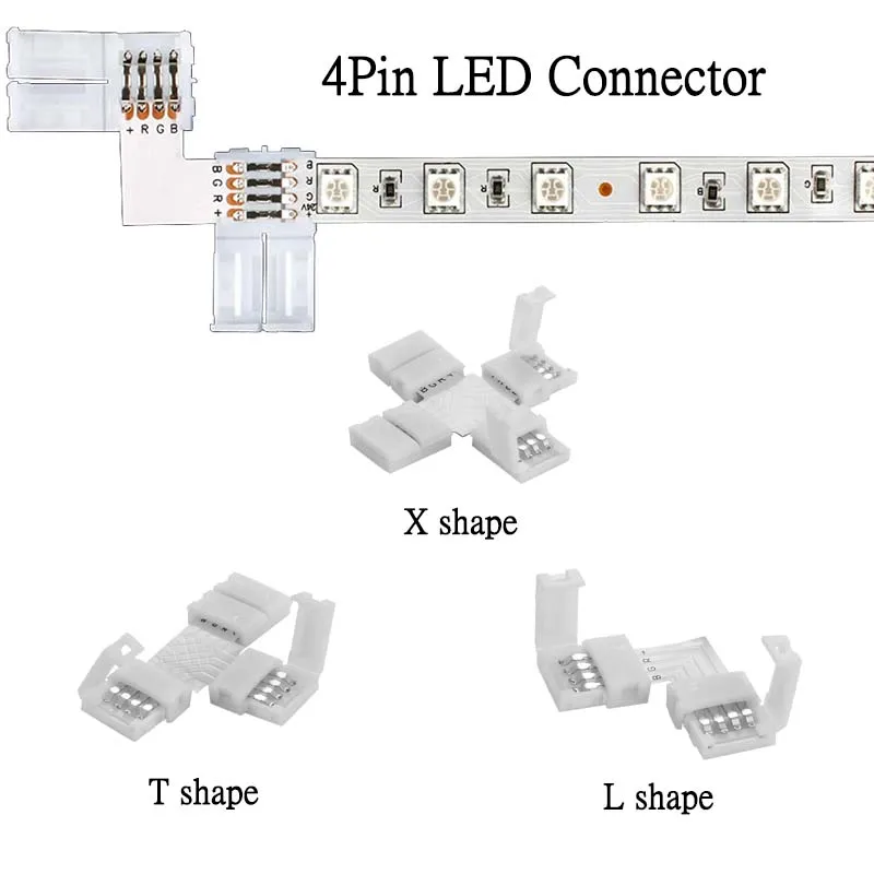 DC 12V 4Pin RGB LED มุม 8 มม.10 มม.Led Strip Light ตัวเชื่อมต่อ L T X รูปร่าง 90 องศา LED Solderless อุปกรณ์เสริม 1
