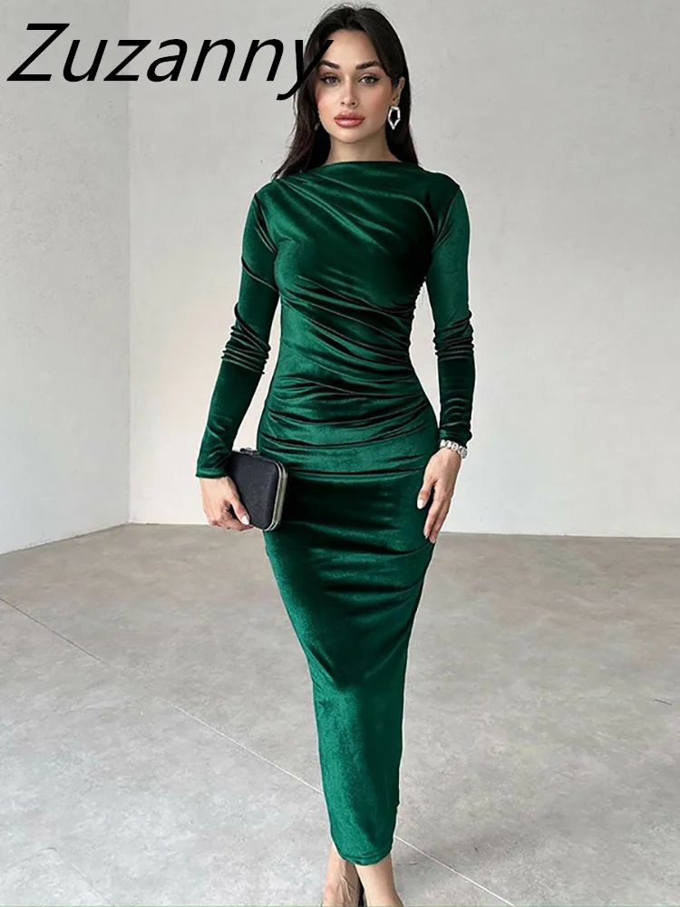 

Zuzanny 2024 Velvet Solid Long Sleeve Bodycon Dress Women Clothing Elegant Spring Green Ruched Sexy Long Party Evening Dresses