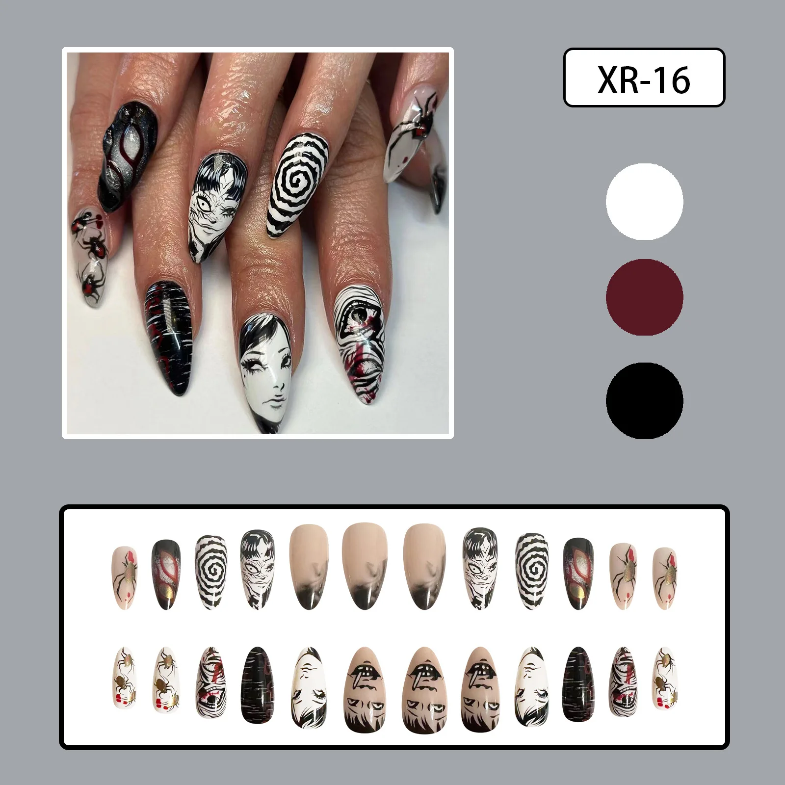 Künstliche Fingernägel Halloween – Dunkle Punk-Nägel, Oval, 24 Stück, Mit Nagelklebern