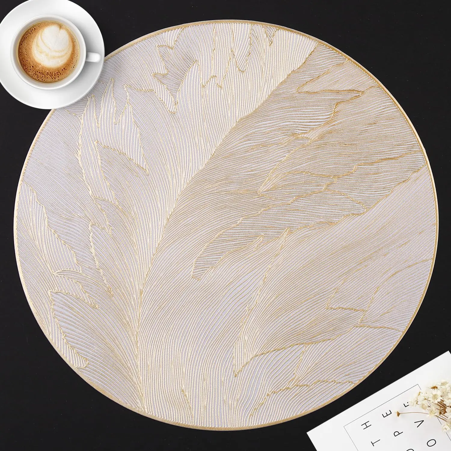 

Round Placemats for Table Decor, Feather Pressed Vinyl Placemats, Slip Resistant Table Mats, Wipeable Placemats, 15"