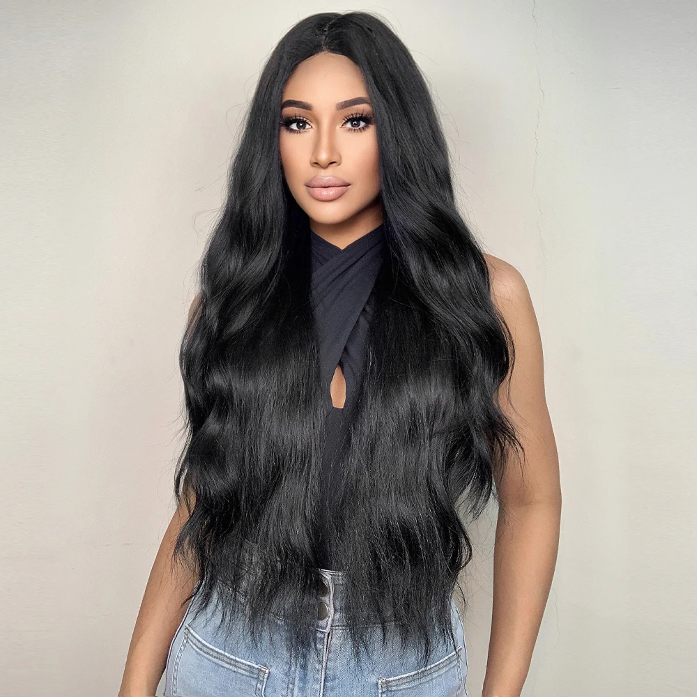 Black Wave Wigs for Women Long Natural Curly Wig Middle Part Synthetic Wig Heat Resistant Hair Daily Party Use_voghion.com