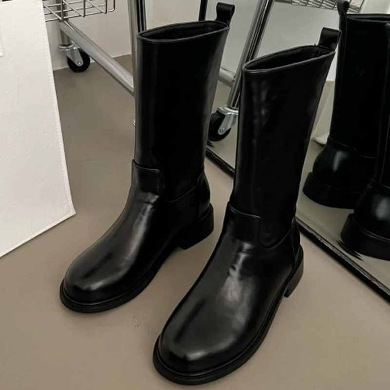 

Fashion Women Pu Leather Cowgirl Punk Boots Casual Lady Chunky Heels Cowboy Boots Shoes 2023 Winter Female Black Mid Calf Boots