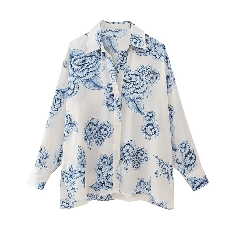 

Women's Long Sleeve Flower Print Lapel Top, Loose Casual Shirt, Versatile Fashion, Fall, New, 2023