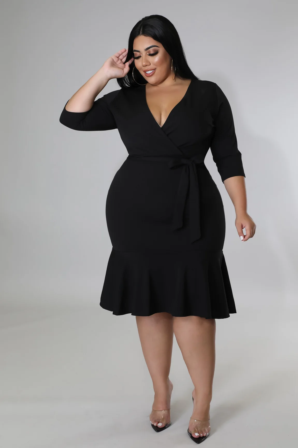 Plus Size Women 5xl Dress Solid V Neck Ruffle Elegant Dress For Chubby Summer Party Bodycon Robe Lady Fashion Wholesale Clothes