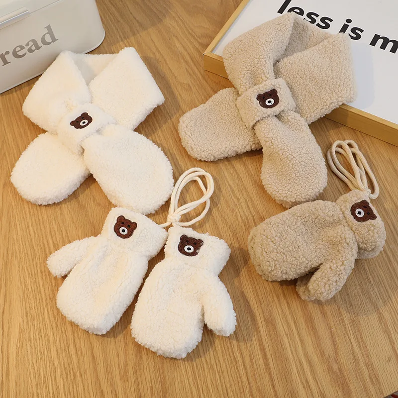 Bear Winter Baby Scarf Gloves Set Faux Lamb Wool Korean Warm Kids Neck Warmer Mittens Children Boys Girls Accessories 2-6Y 3