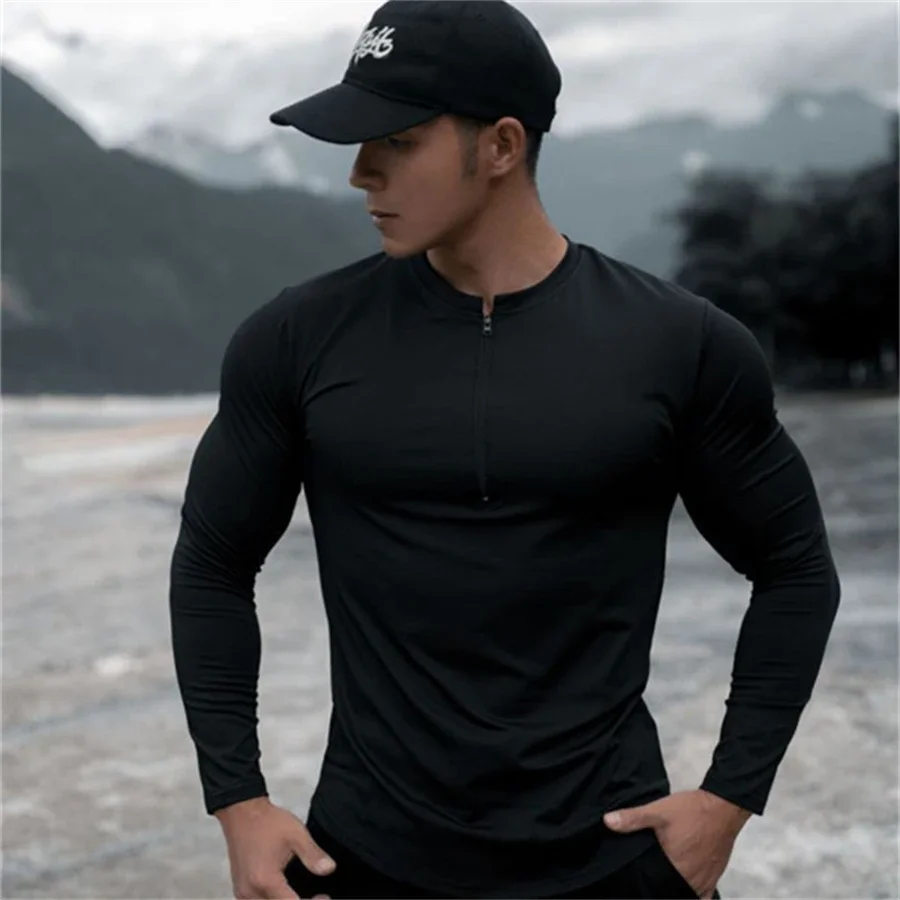 thumbnail image 1 of Camiseta de compresión para hombre, camisas con cremallera muscular, camisetas ligeras ajustadas de manga larga para entrenamiento y gimnasio, camisetas suaves para culturismo, 1 of 5