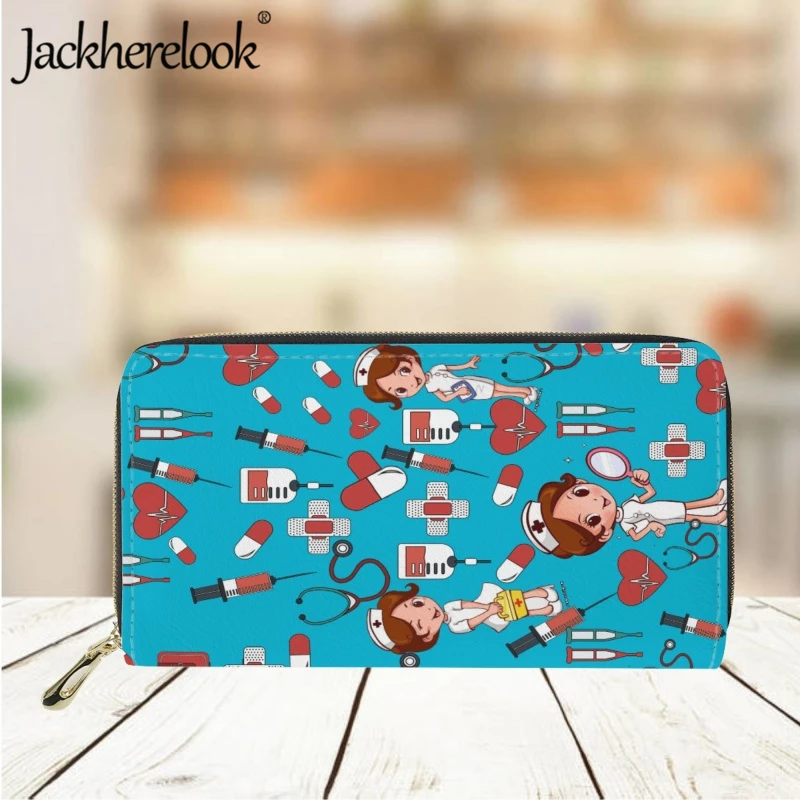 Jackherelook Women's Long Leather Wallet Nurse/Doctor Medical Syringe Stethoscope Cartoon Pattern Purse Lady Clutch Card Holder