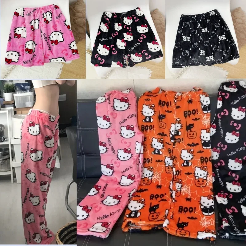 Anime Sanurgente Hello Kitty Pyjama en laine pour femme, dessin animé chaud, pantalon décontracté pour la maison, mode Kawaii, automne, hiver, FJM, Y2K