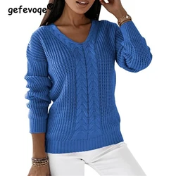 2023 Autumn Winter Women Trendy Streetwear V-neck Solid Twists Knitted Sweaters Female Casual Long Sleeve Pullover Tops Jumpers