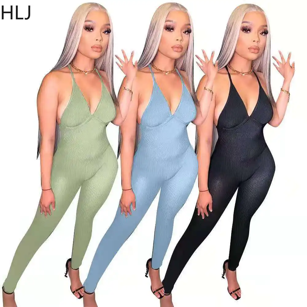 HLJ Sexy Ribber Bodycon Suspenders Jumpsuits Women Solid Color Sleeveless Slim Playsuits Casual Female Sporty One Piece Overalls