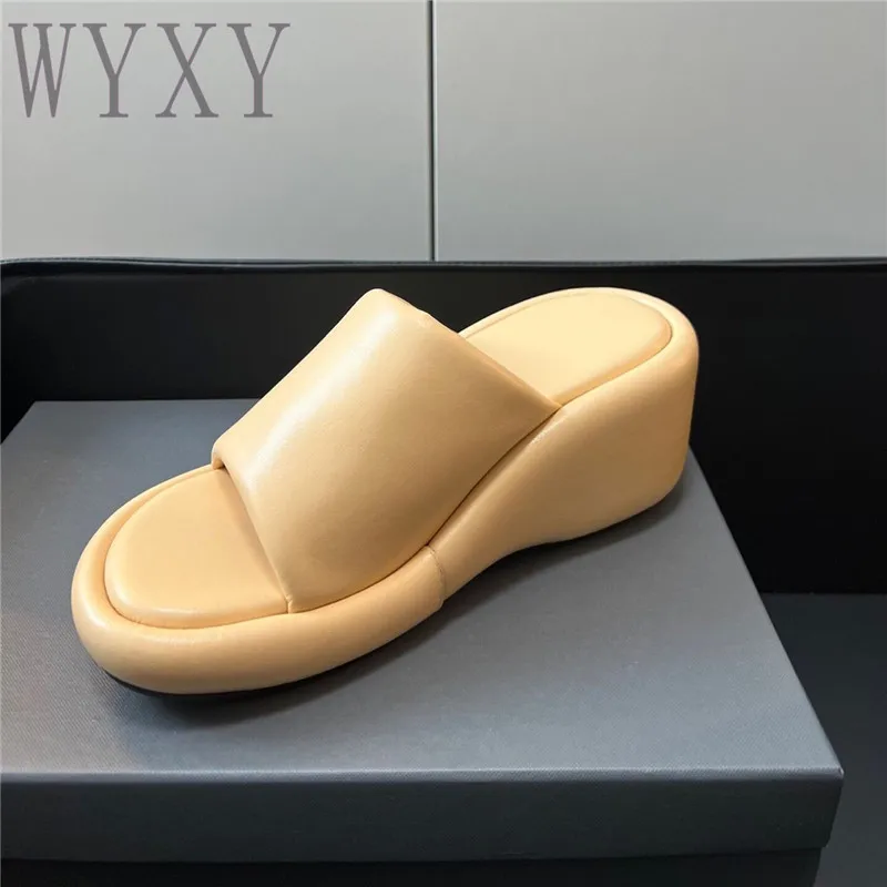 

Summer New Wedge Heel Sandals Woman Round Toe Genuine Leather Fashion Outdoor Mid-heel Casual Concise Slippers Women Shoes 2023