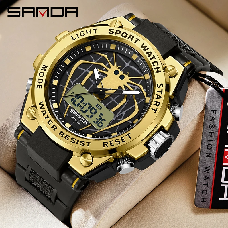 SANDA Men 2023 New Dual Display Watch Luxury Gold Plated Case Sports Watch Multifunction Military Watch Luminous LED Waterproof