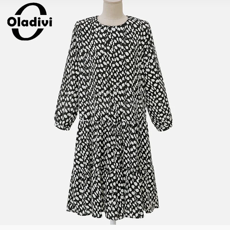 

Oladivi Large Size Fashion Print Oversized Dress for Women 2023 Spring Autumn New Casual Loose Midi Dresses Long Tunics Robe 921