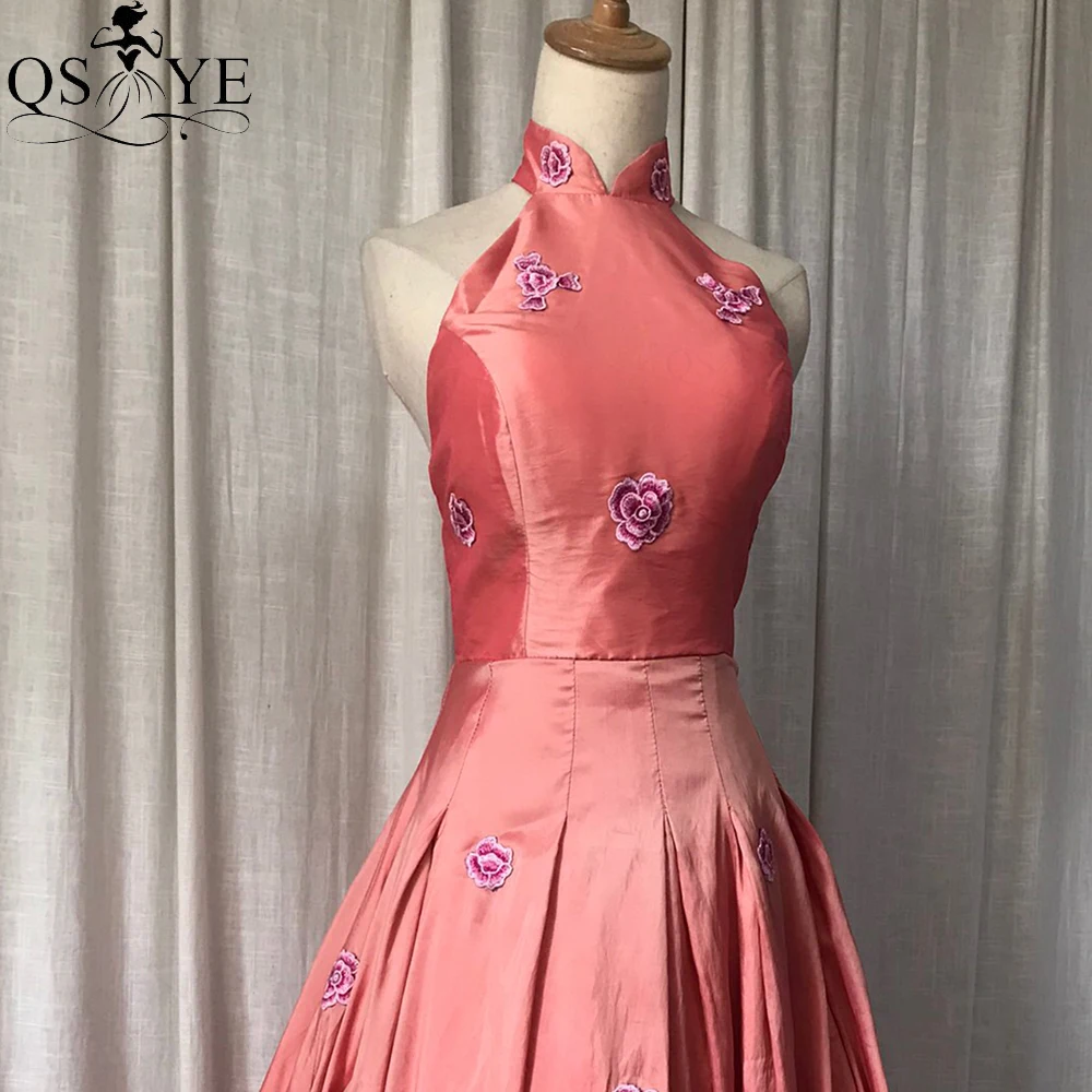 Puffy A line Pink Prom Dresses Embroidery Flower Peach Evening Gown High Neck Open Back Party Gown Box PleatVintage Taffeta Gown plus size prom dresses