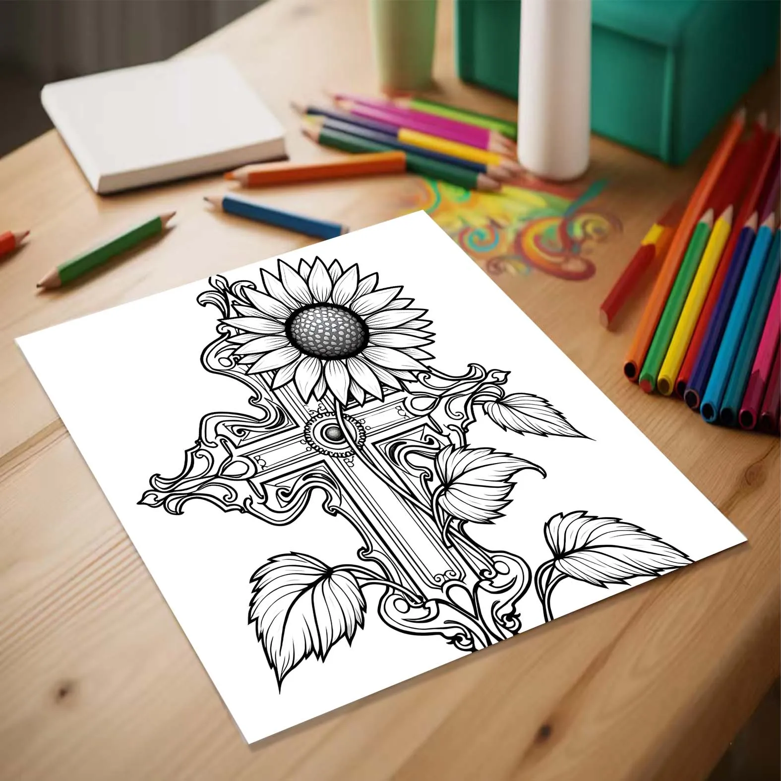Cross surrounded by flowers Art Coloring Book 24page Adult Picture Book help relieve stress and mood Graffiti Painting Drawing 6