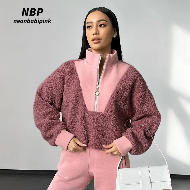 

Женские толстовки NEONBABIPINK, пушистые флисовые удобные толстовки на молнии, зимняя одежда, Повседневные пуловеры с длинным рукавом, верхняя одежда