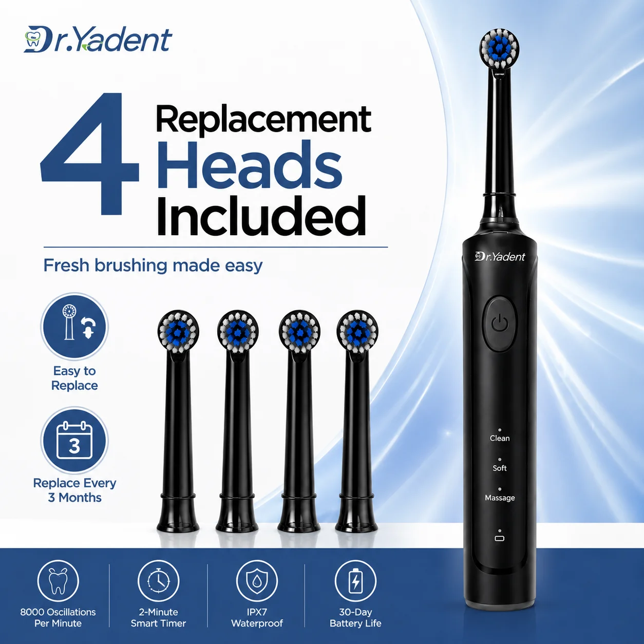 Dr.Yadent Rotating Electric Toothbrush IPX7 Waterproof 3 Modes 4 Toothbrush Head Rechargeable Battery for Adult Deeper Cleaning 4