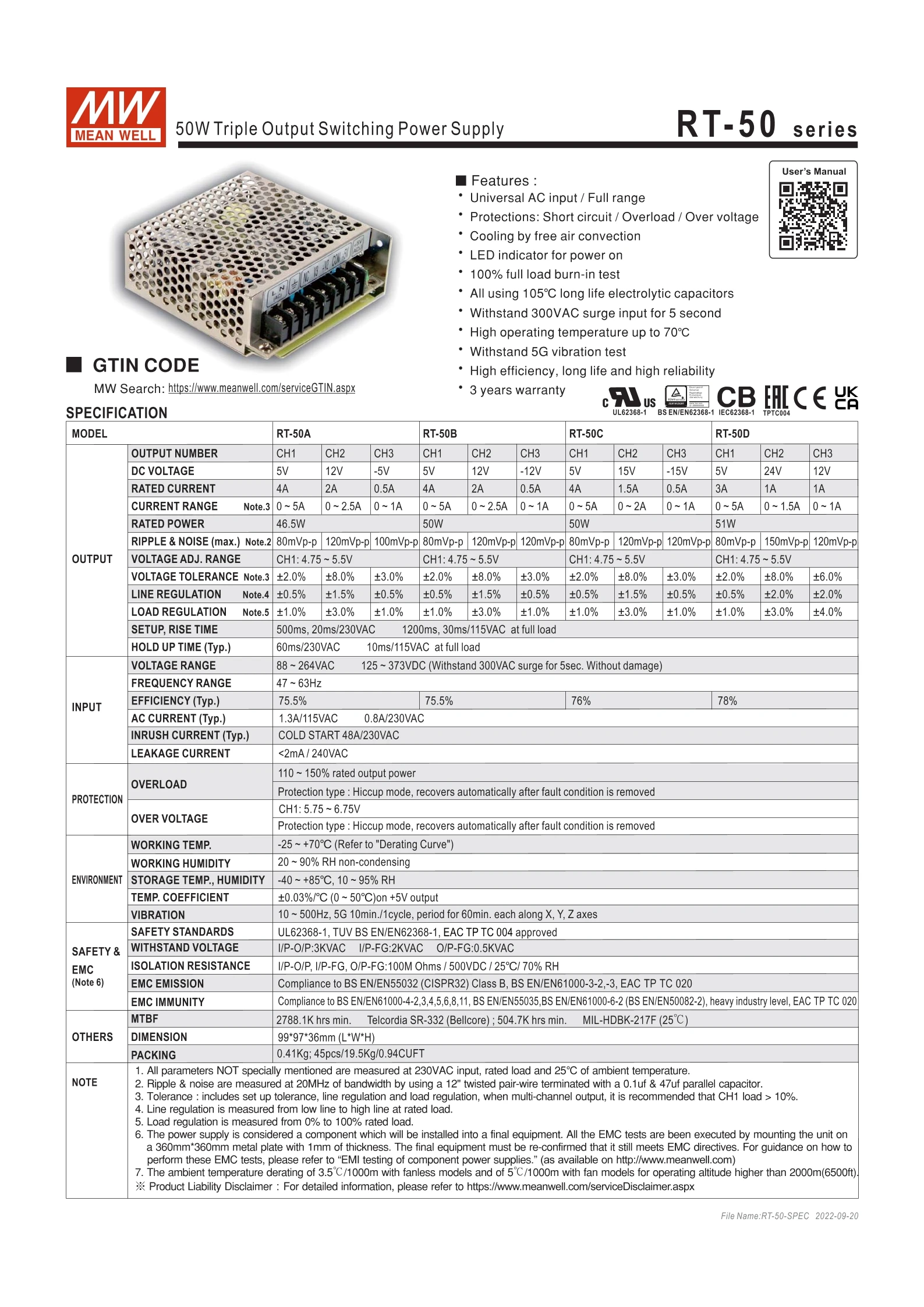 Description Picture 2 of itemMEAN WELL RT-50D 51W Triple Output Switching Power Supply RT-50 5V/3A 24V/1A 12V/1A