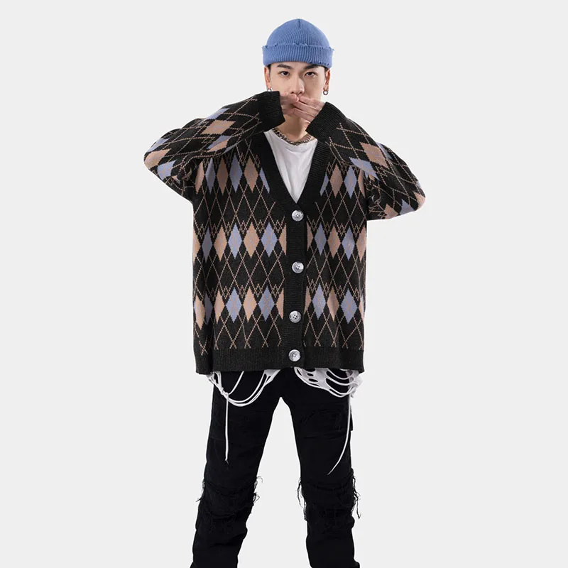 

Winter New Men's College Style Sweater Coat Warm Plaid Jacquard All Match Thicken Cardigan Fashion Vintage Loose Cardigan Male