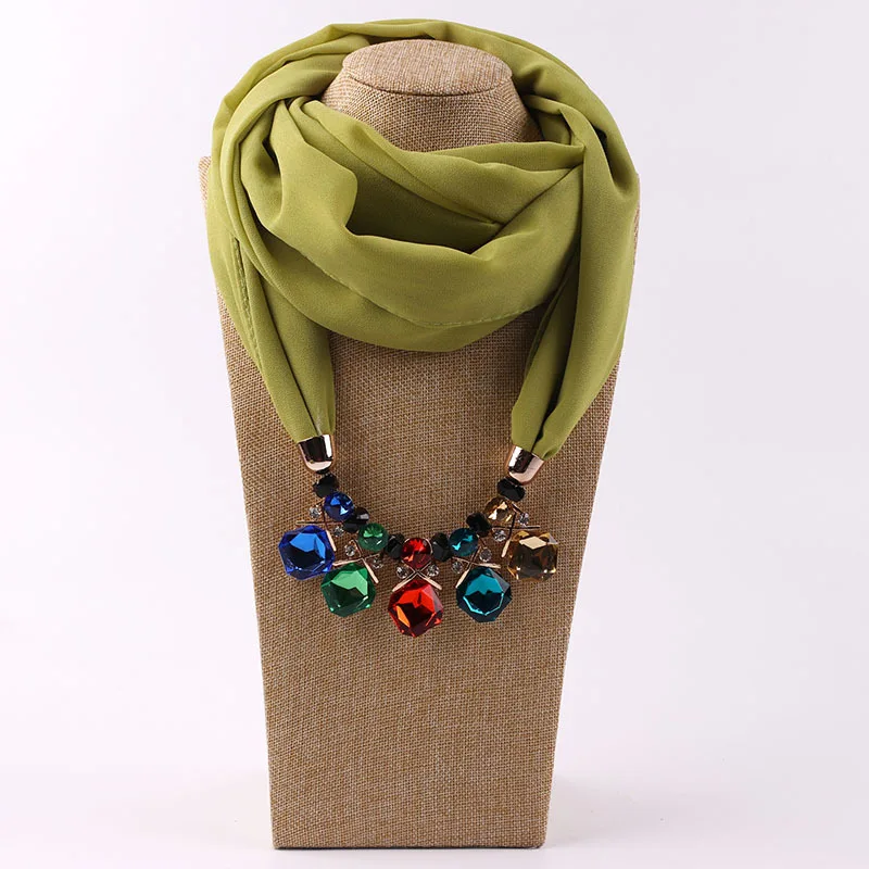 

Large Colored Zircon Pendant Plain Chiffon Scarf for Women Boho Statement Necklace Neckerchief Foulard Femme Accessories