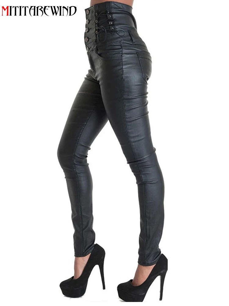 High Waist Pu Leather Pant Women Stretch Female Leather Leggings Single Breasted Bandage Black
