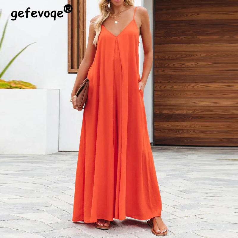 Women Oversized Streetwear Jumpsuits Summer Fashion Elegant Pleated Wide Leg Overalls V Neck Sleeveless Spaghetti Strap Rompers