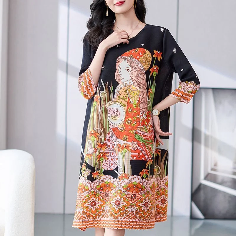 

Casual Dress Female 2023 Spring/Summer New Pleated Dress Printed Fashion High end Temperament Loose and Slim A-line Dress Female