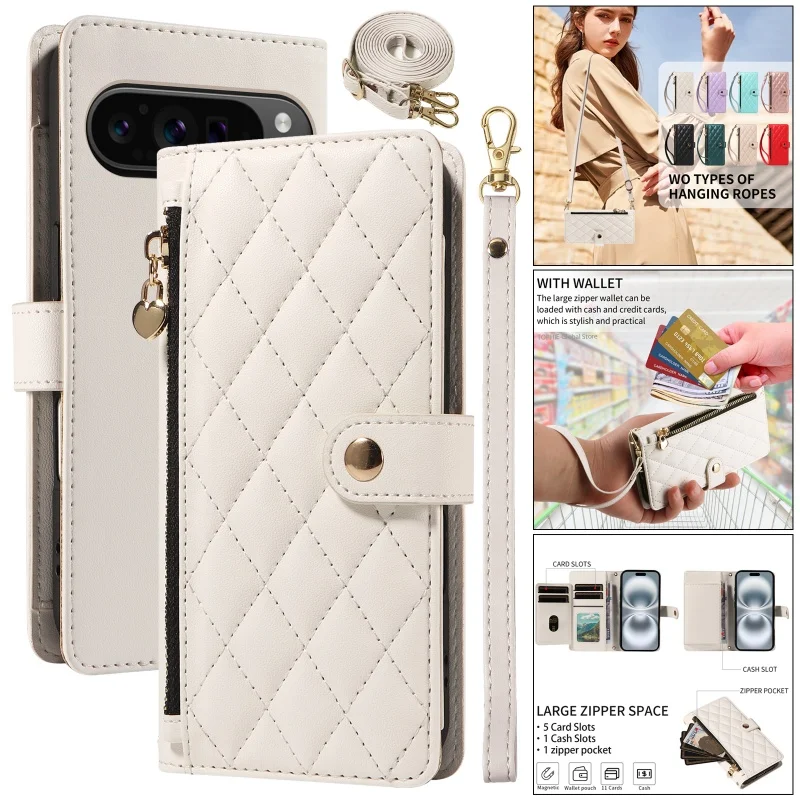 Elegant Leather Zipper Flip Phone Case with Long Lanyard and Wrist Strap Wallet