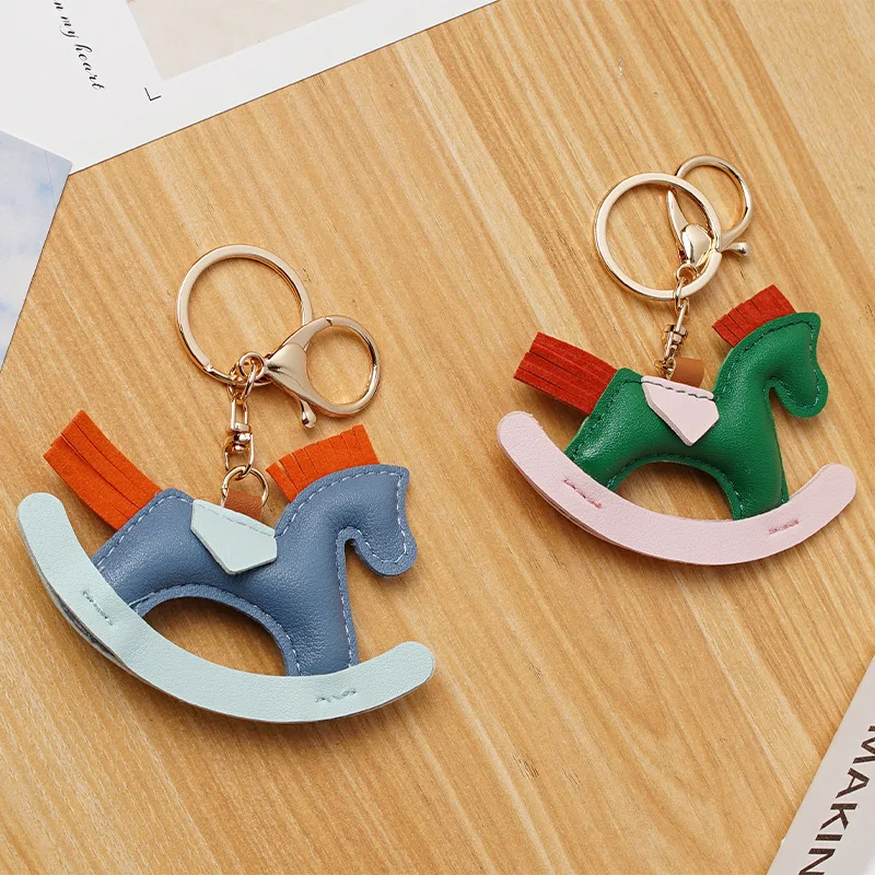Elegant Leather Rocking Horse Keychain - Classic Cartoon Pony Charm