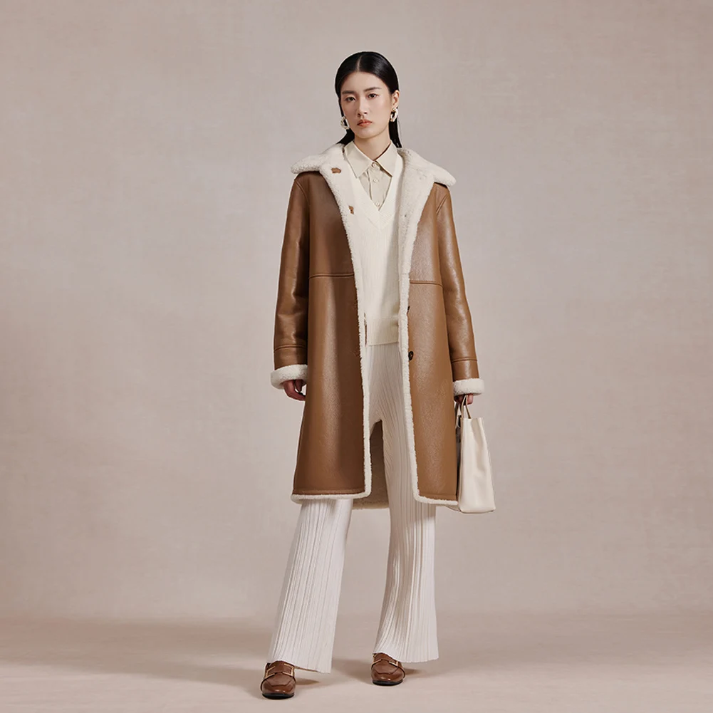 

Denny&Dora Womens Shearling Jacket Brown Leather Coat Imported Merino Sheepskin Jacket