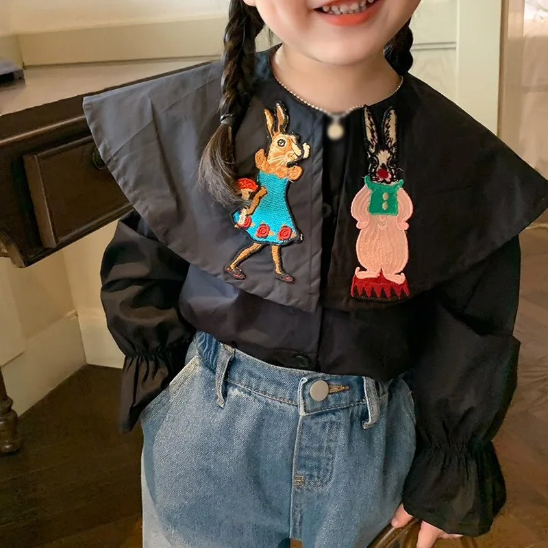 3-8T Puff Sleeves Baby Girl Shirt Long Sleeve Cartoon Embroidery Shirt Big Lapel Cute Blouse Autumn Spring Korean Casual Tops