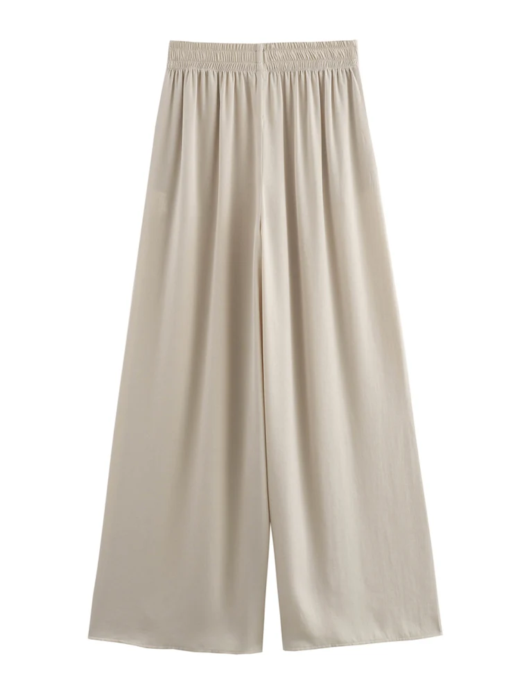 TFMLN New Women's High Waist Wide Leg Pants Fashion Elastic Waist Long Straight Trousers Lady Casual Solid Pocket Pants Summer
