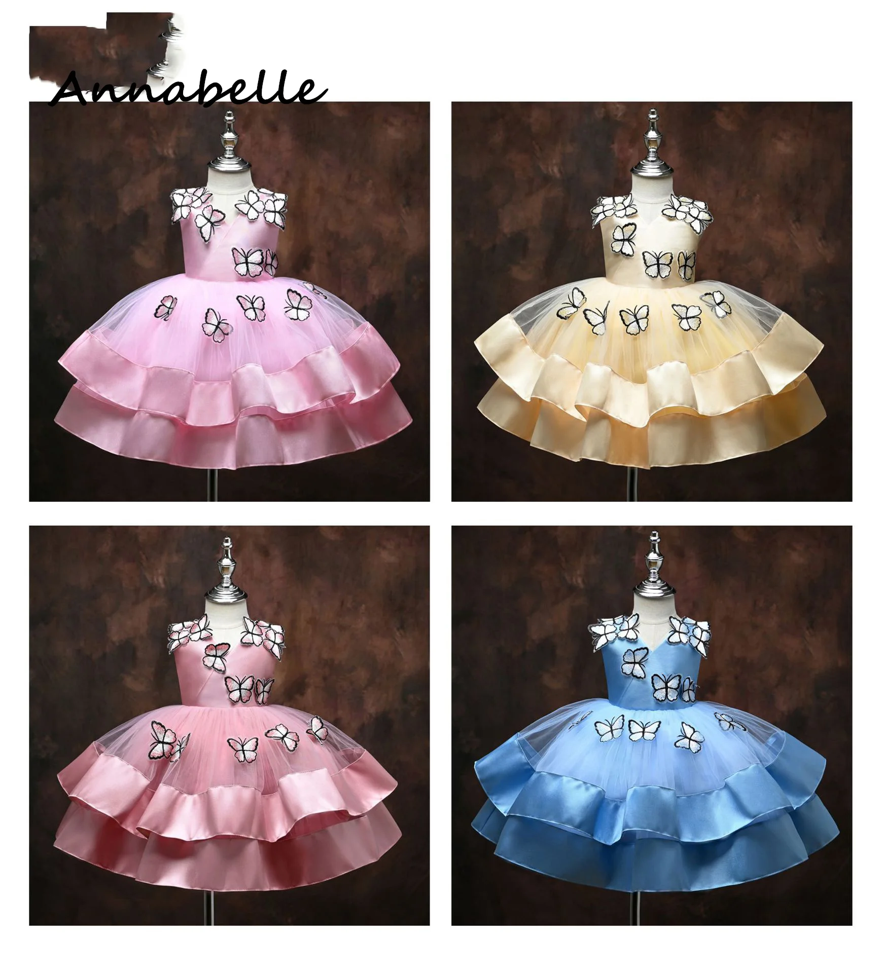 Annabelle Flower Girl Dress Puffy Flower Baby Wedding Party Bow Dress Priness Girl Bow Abito Da Damigella D'Onore A Farfalla 2024New