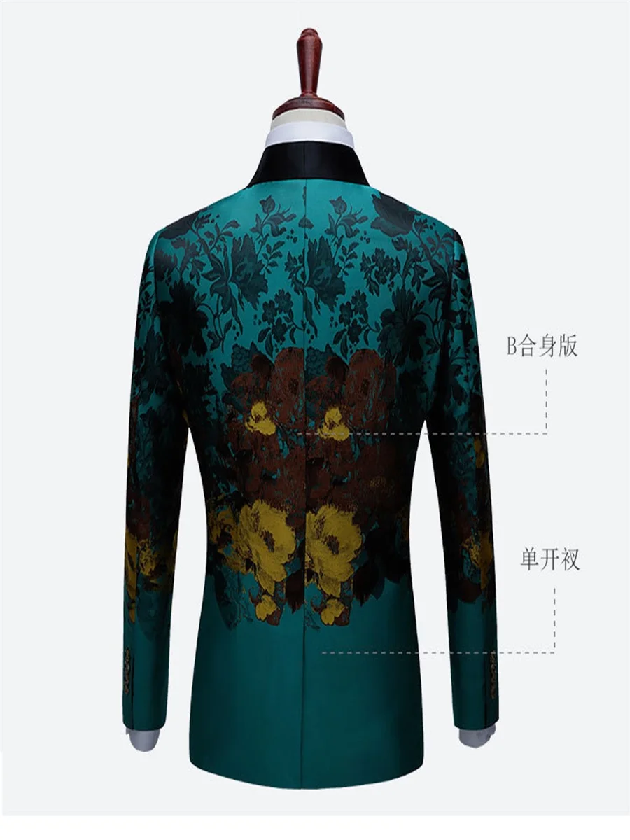 Luxury Floral Print Green Dress Blazers For Men One Button Shawl Lapel Men Suit Jacket Wedding Party Dinner Elegant Male Costume