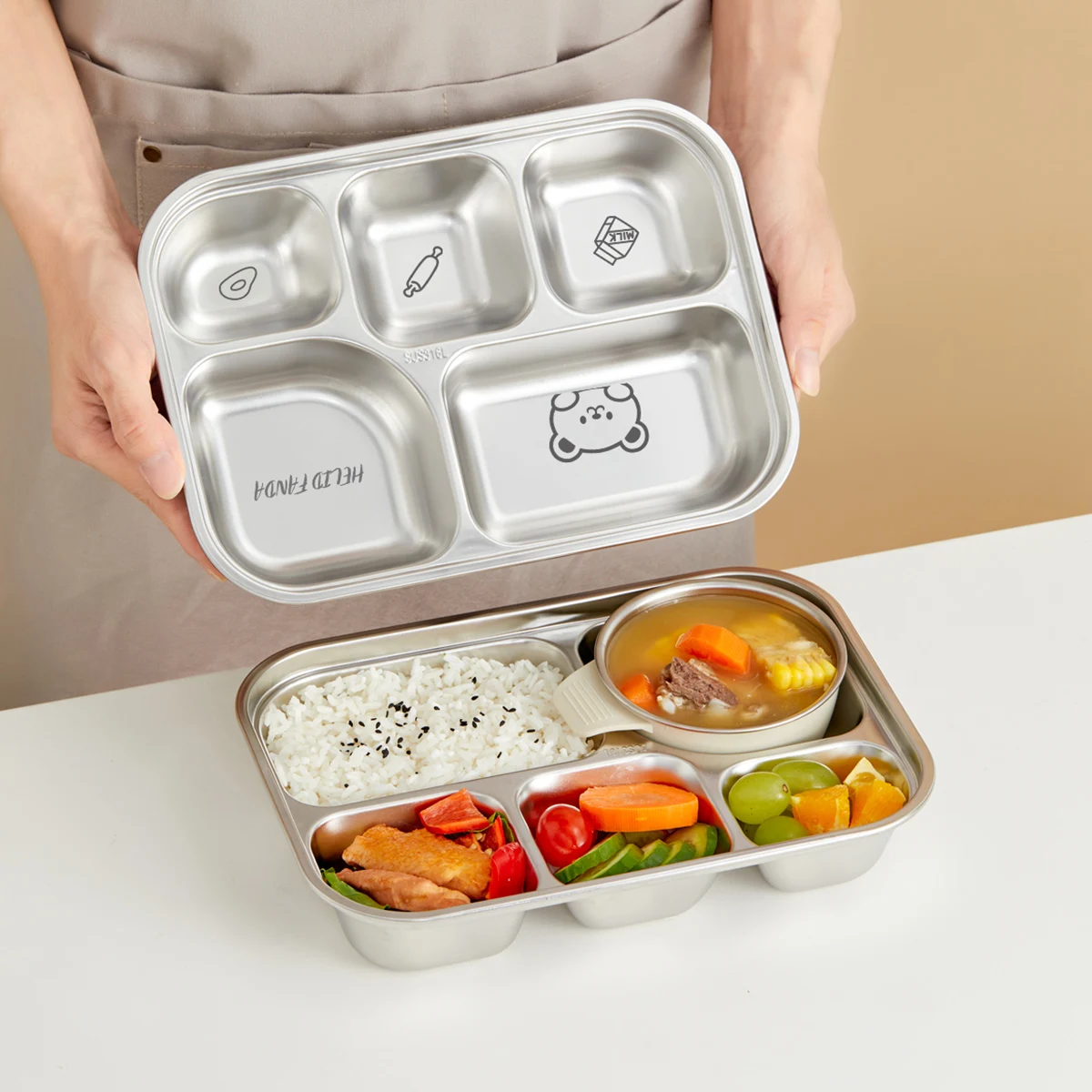 1L 304 Stainless Steel Dining Plate Durable Food Plate 4/5 Grid Lunch Box Kitchen Tableware 4/5 Sections Dinner Dish dining dish
