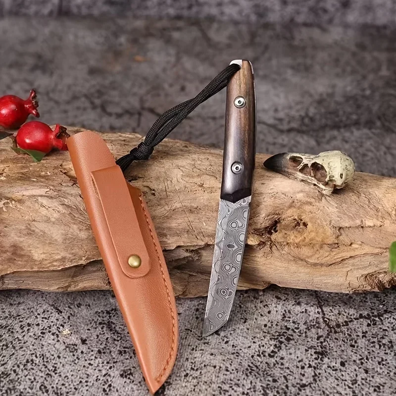 2024 new Damascus steel outdoor knife, portable EDC pocket knife with scabbard, is suitable for outdoor camping and travel