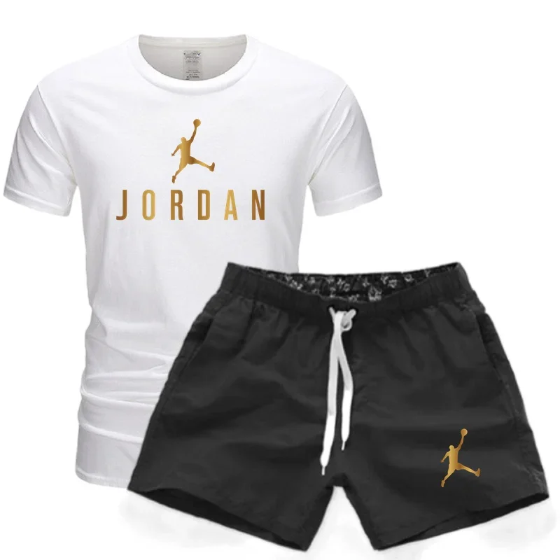 Summer men's fitness fashion men's casual sportswear set, quick drying sportswear short sleeved T-shirt+shorts 2-piece set
