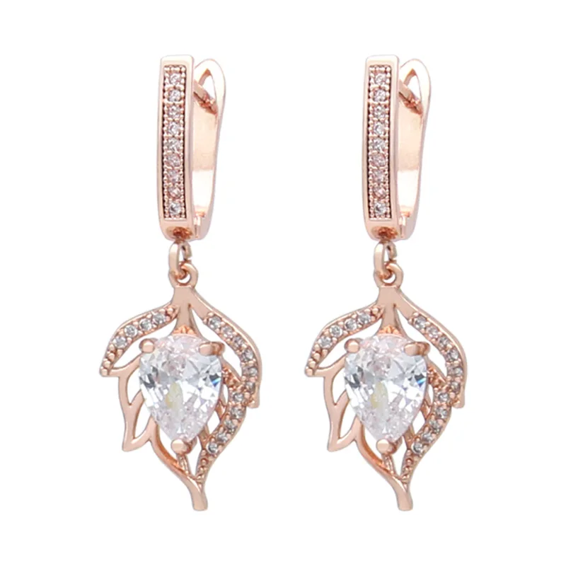 S&Z DESIGN New Fashion Water Drop Cubic Zirconia Hollow Out Leaf Dangle Earrings For Women Trendy 585 Rose Gold Color Eardrop