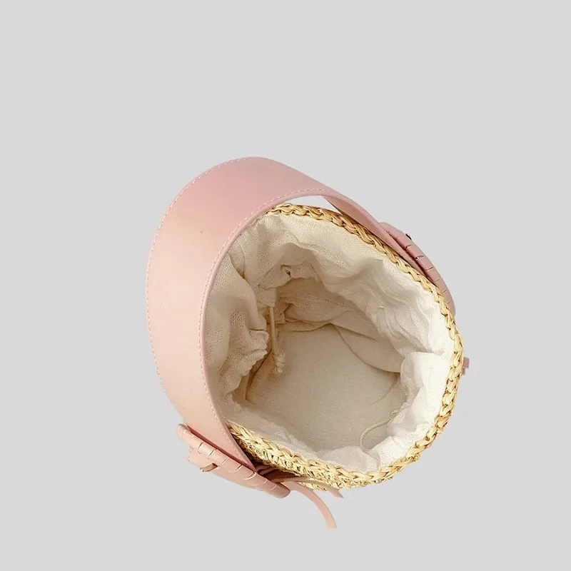 Fashion Straw Bucket Bag Designer pu leathe handle Women Handbags papar woven summer Beach Small Tote Bali Purse 2023 Female Bag