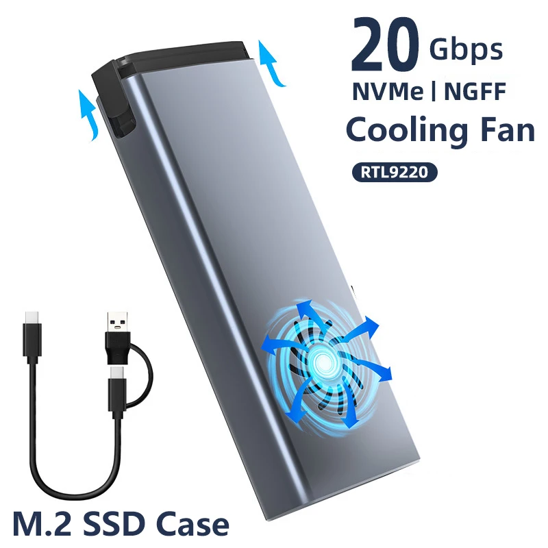 20Gbps SSD M2 NVME SATA Enclosure USBC 3.1 Dual Protocol M.2 External Hard Drive Case With Cooling Fan Support M Key/B+M Key